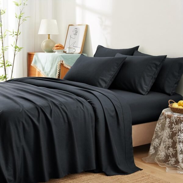 Manyshofu 70% Rayon Derived from Bamboo Sheets Queen Size Bed Sheets - 6 Piece Organic Cooling Sheets Silky Black Queen Sheet Set - Soft Breathable Luxury Bedding Sheets & Pillowcases - Image 5