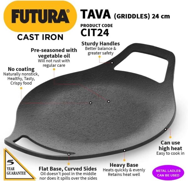 HAWKINS Futura 24 cm Cast Iron Tava, Cast Iron Tawa for Roti, Cast Iron Cookware for Kitchen, Black (CIT24) - Image 2