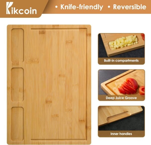 Bamboo Cutting Boards for Kitchen, (Set of 3) Kitchen Chopping Board with 3 Built-In Compartments and Juice Groove Heavy Duty Serving Tray Wood Butcher Block and Wooden Carving Board, Kikcoin - Image 2