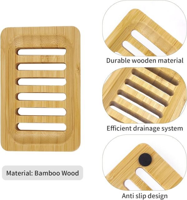 2 Pack Bamboo Soap Dish Self-Draining Holders Slotted Soap Dish Non-Slip Soap Saver for Bar Soap in Shower Bathroom Bathtub and Kitchen - Image 3