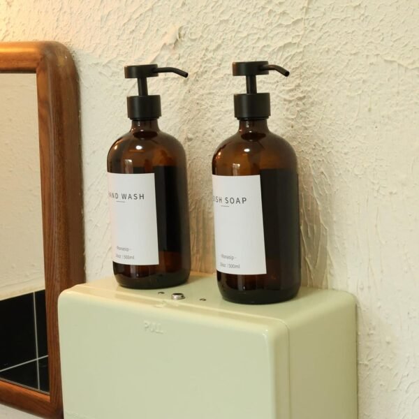 Set of 5 Kitchen Soap Dispenser Set 16 Oz Glass Hand Dish Soap Dispenser with Stainless Steel Pump, Cement Tray, Dish Scrub Brush for Farmhouse Rustic Home Bathroom Decor (Brown) - Image 2
