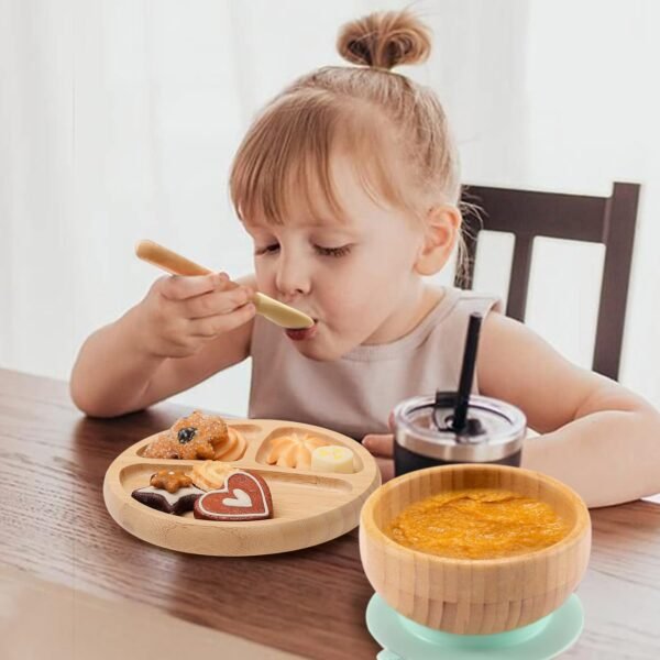 Toddler Bamboo Plates, Bowls and Spoon Set, Wooden Feeding Utensils for Infant’s Easy Self Eating at 1 Stage, Stay Put Silicone Suction Plate and Bowl and Soup Spoon for Baby Led Weaning - Image 6