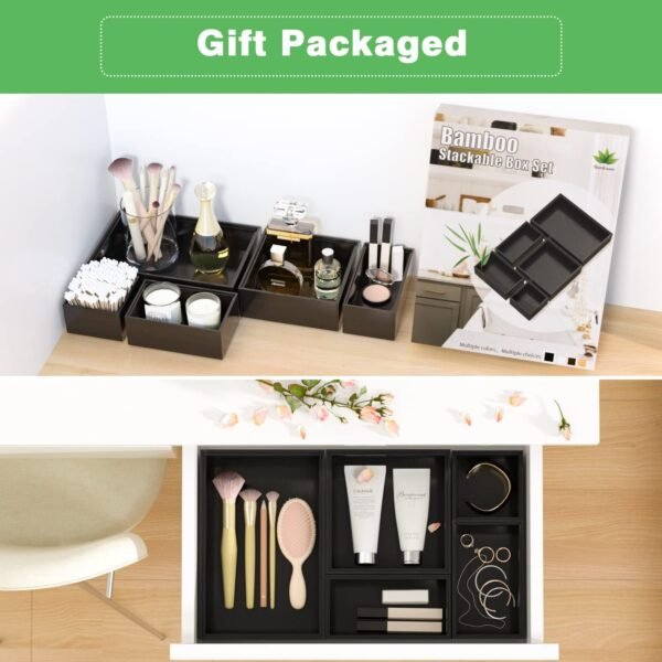 Black Bamboo Bathroom Drawer Organizer, Wooden Kitchen Utensil Holder Set of 5, Stackable Junk Drawer Organizer Tray, Multi-Use Storage Bins Boxs Dividers for Home, Office, Clothing, Makeup, Jewelry - Image 3