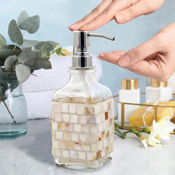 WDHODEC Shell Glass Soap Dispenser with Stainless Steel Pump, 18 OZ Refillable Liquid Hand Soap Dispenser Set for Kitchen Bathroom - Image 2