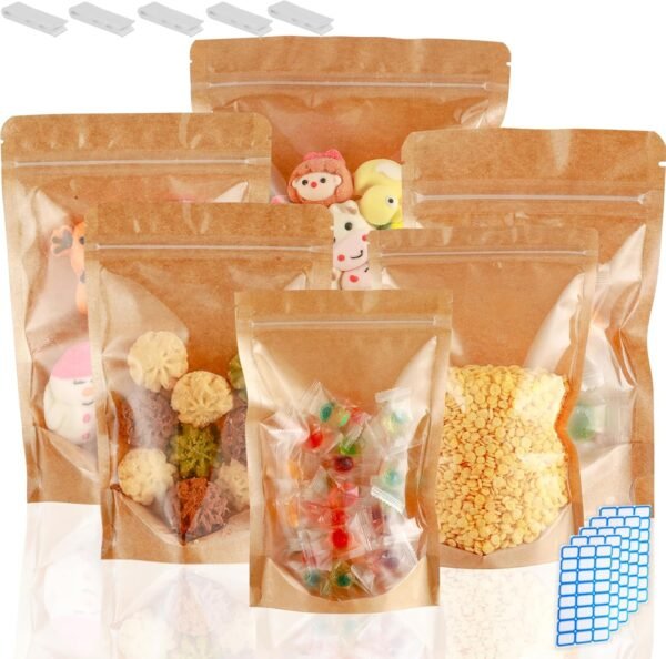 150-Pack Kraft Bags with Window 8 x 12" Reclosable Large Stand Up Mylar Bags for Food Storage Resealable Smell Proof Zip Lock Pouch, Edible Packaging, Reusable bags for Small Business