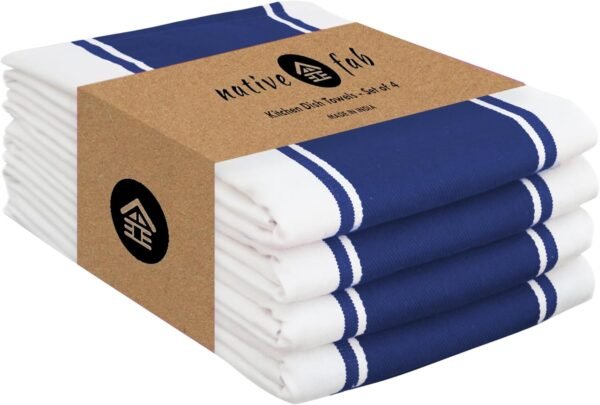 Native Fab Blue Kitchen Towels 18x28 Inch, Set of 4, Wide Stripe, Super Absorbent, Quick Dry, Soft, 100% Cotton Dish Towels for Wiping Hands, Drying Dishes, Cleaning Dishcloths Set - Ink Blue