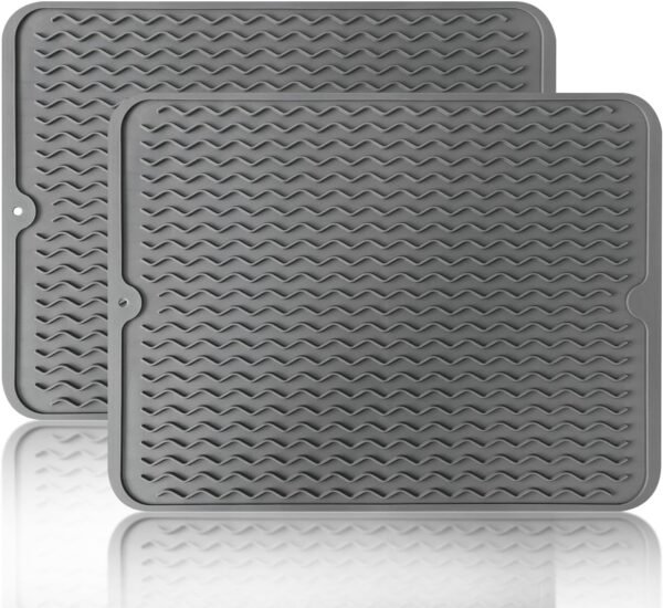 2 Pack Silicone Dish Drying Mat, Heat-resistant Kitchen Counter Mat for Sink, Refrigerator, Drawer, Dish Drying Pad for Dishes, Utensils, Pots, Pans, 15.72"x11.79", Grey
