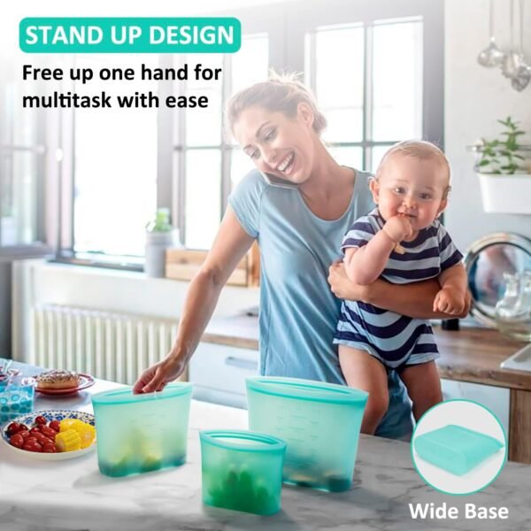Reusable Food Bags, 12 Pack 100% Silicone Food Storage Bags Stand Up Zip Silicone Bags for Food Container, Freezer Microwave Oven Dishwasher Safe, 4 Large 4 Medium 4 Small, Aqua - Image 4