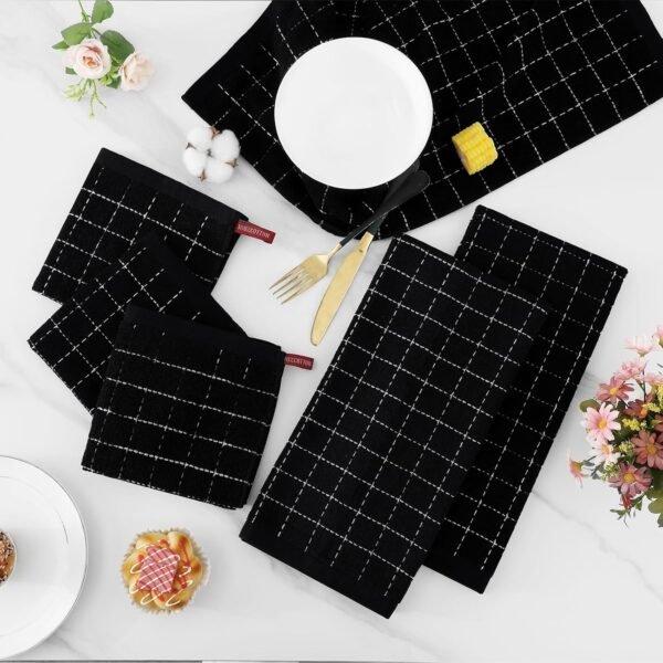Homaxy Kitchen Towels and Dishcloths Set, 12 x 12 and 13 x 28 Inches, Set of 12 Bulk Cotton Terry Kitchen Towels Set, Checkered Designed, Soft and Super Absorbent Dish Towels, Black - Image 6