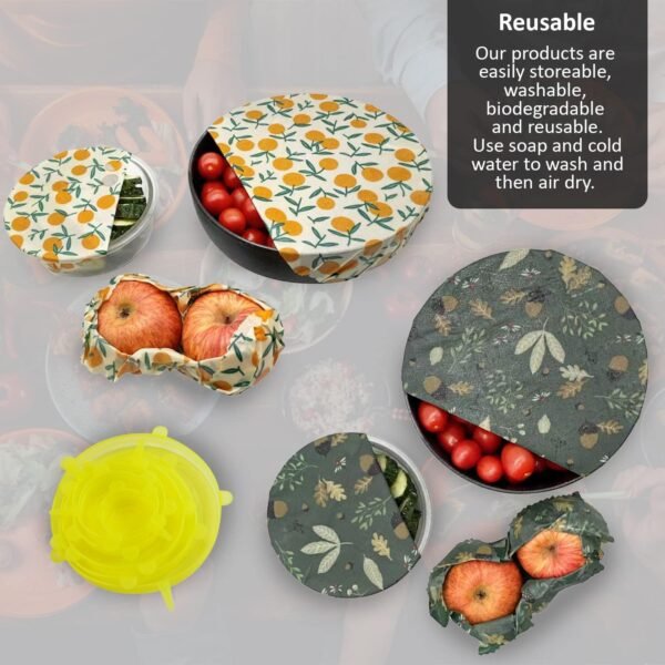 12 Pack - Eco-Friendly, Reusable, & Washable Container Set of Beeswax Food Wraps, Airtight Silicone Lids 6 - Beeswax Wraps, 6 - Silicone Lids - Image 7