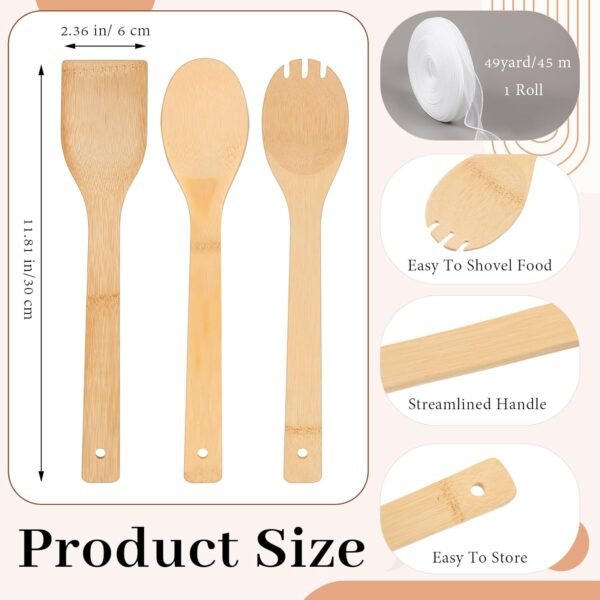 24 Sets Bamboo Spatula Bamboo Kitchen Utensils 12 Inch Flat Handle Bamboo Wok Spatula with Fishtail Ribbon for Kitchen Cooking Birthday Wedding Baby Shower Housewarming Party Gift - Image 2