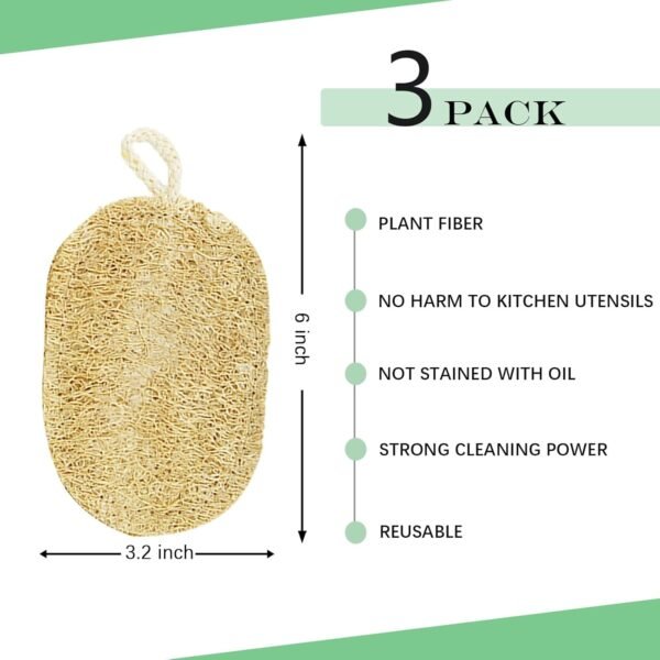 Natural Loofah Dish Sponge, Natural Kitchen Biodegradable Compostable Cellulose Loofah Scrub Sponge, Dual Sided Reusable Non Scratch Cleaning Sponge for Cleaning Kitchen, Bathroom, Household, 3 Pcs - Image 3