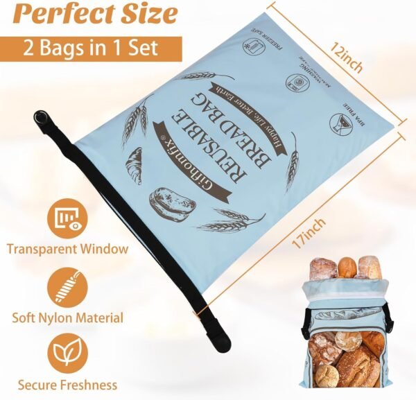 2 Packs Bread Bags for Homemade Bread, Zipper Reusable Bread Bags 17x12inch, Sourdough Bags with Transparent Window, Freezer Safe Bread Storage Bag, Bread Container Bread Loaf Bags - Image 2