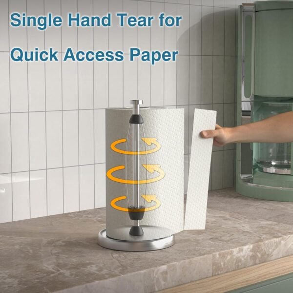 Paper Towel Holder Countertop, One-Handed Tear Paper Towel Holder Stand with Ratchet System, Stainless Steel Paper Towel Holder with Weighted Base for Kitchen Bathroom (Silver) - Image 3