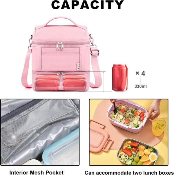 NOL Natural Organic Lifestyle Dual Compartment Insulated Lunch Bag Leakproof Cooler Tote Bag for Adults Lightweight Nylon Waterproof Lunch Box with Adjustable Shoulder Strap for Work, Pink - Image 6