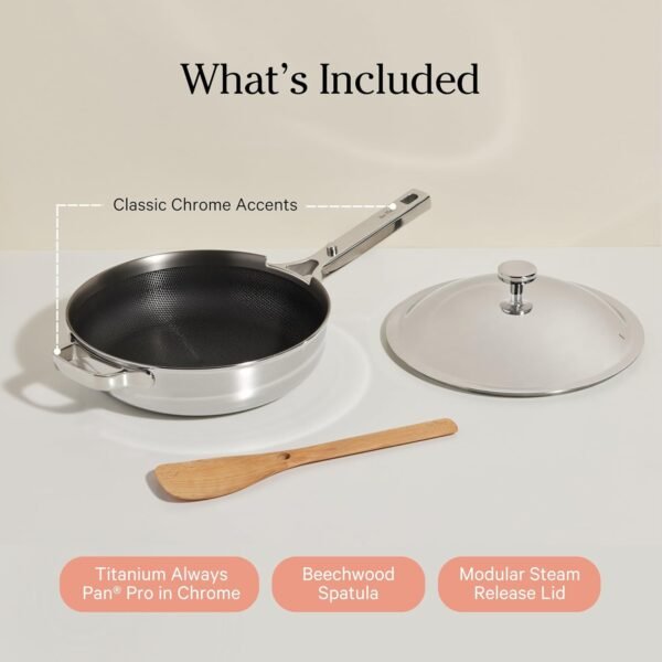 Our Place Titanium Always Pan Pro - No-Coating Nonstick Technology | Tri-Ply Construction with Titanium & Stainless Steel | Heat Safe up to 1000°F | Includes Steam-Release Lid & Spatula | Chrome - Image 6