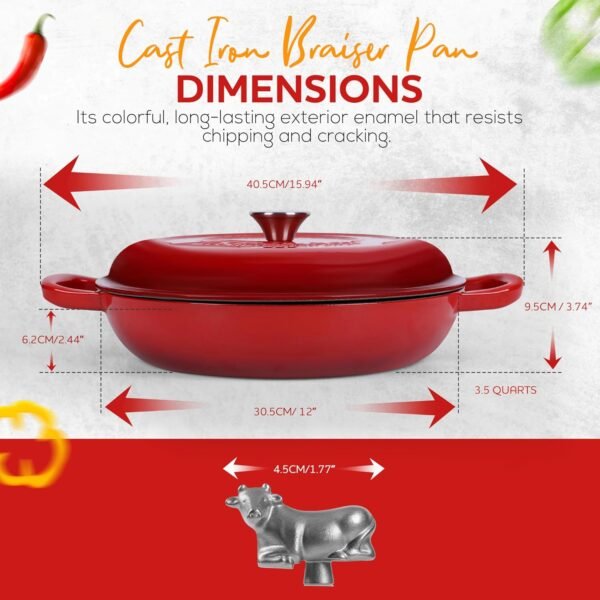 3.5 Qt Enameled Cast Iron Braiser Pan with Lid - With Customizable Knobs & Silicone Heat Grippers - Dutch Oven Cast Iron for Stir Fry & Baking - Braising Pan with Lid Oven Safe Upto 500F - Image 6