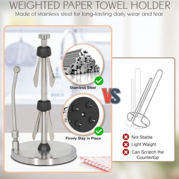 Stainless Steel Paper Towel Holder, Standing Weighted Base, Spring Arm Attachment for Easy One-Handed Tear, Has Suction Cups and Holds All Paper Towel Rolls, Perfect for Kitchen Countertop - Image 7