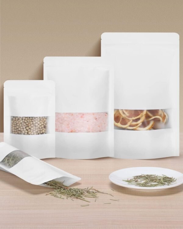 100pcs Kraft Bags with Window 4.7x7.8 Inches White Reusable Sealable Zip Lock Food Storage Stand up Paper Pouches for Home or Business - Image 5