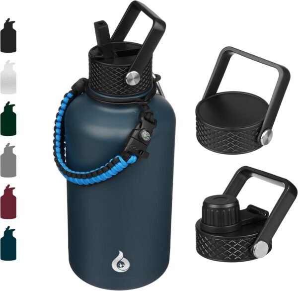 BJPKPK Half Gallon Insulated Water Bottles with Straw Lid,64oz Large ,Stainless Steel Water Bottles with 3 Lids and Paracord Handle for Hot & Cold Liquid, Navy Blue