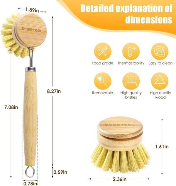 Bamboo Pot Dish Brush,3 Pack Natural Wooden Scrub Brush with Sisal Fiber,Suitable for Dishes,Pans,Pot and Other Utensils-Sustainable,Kitchen Cleaning Brush with 2 Replacement Brush Heads - Image 2