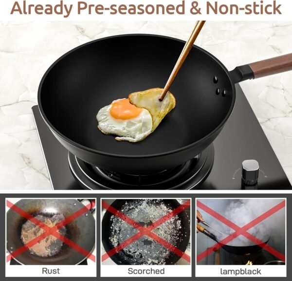 Carbon Steel Wok, 13-Inch, Pre-Seasoned, Non-Stick, with Lid and Spatula, Flat Bottom, Ideal for Stovetop Cooking - Image 3