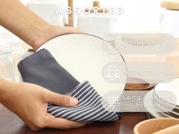 PurpleEssences Kitchen Towels Set Pack of 6-15x25 Inches, 100% Cotton Waffle Weave & Flat Dish Towels for Drying Dishes Hand Highly Absorbent Bar, Tea Towels Set with Hanging Loop - Dark Gray - Image 4