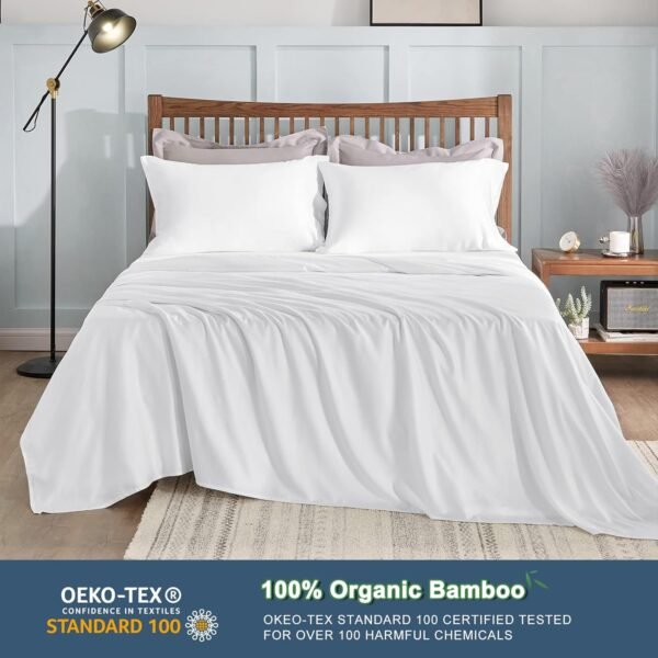 CozyLux Cooling Sheets King Size, Rayon derived from Bamboo, Oeko-TEX Certified Luxuriously Soft & Cooling Silky Sheet Set - 16" Deep Pockets 4 Piece Bedding Sheets & Pillowcases，White - Image 2