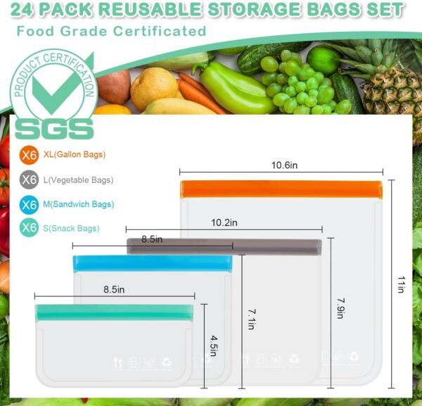 Reusable Freezer Bags, Extra-thick Leakproof Gallon Vegetable Snack Sandwich Bags, BPA Free Silicone Bags for Food Storage,Travel, Home Organization(24 Pack - 6 Extra Large,6 Large,6 Medium,6 Small) - Image 2