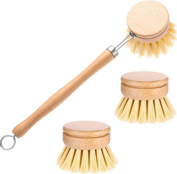 Dish Brush with Beechwood Handle with 2 Replacement Heads Natural Wood Dish Scrub Brush for Washing and Cleaning Pots and Pans
