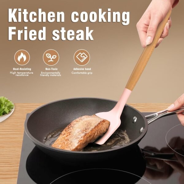 Silicone Cooking Utensils Set - Silicone Kitchen Utensils for Cooking Wooden Handles, 446°F Heat Resistant Kitchen Utensil Spatula Sets w Holder, Gadgets for Non-Stick Cookware BPA FREE (Multicolour) - Image 5