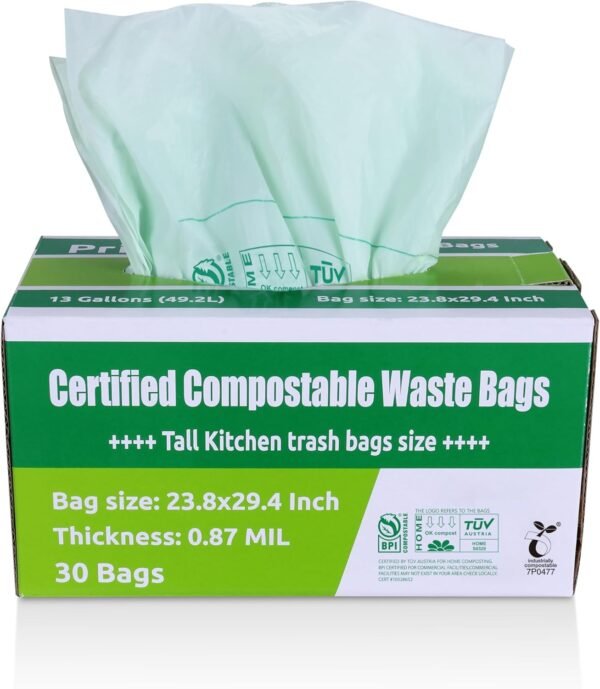 Primode Compostable Trash Bags 13 Gallon | 30 Count Tall Kitchen Compost Bags, Food Waste Bags, Certified Compost Bags, Certified by BPI and by TÜV AUSTRIA, Extra Thick 0.87