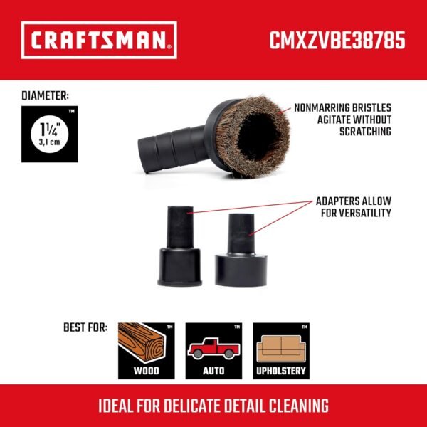 CRAFTSMAN CMXZVBE38785 1-1/4 in. Natural Hair Dusting Brush Wet Dry Vac Attachment, Shop Vacuum Accessory for Cleaning Delicate Surfaces, Fits 1-1/4 in., 1-7/8 in. and 2-1/2 in. Hose Diameters - Image 2
