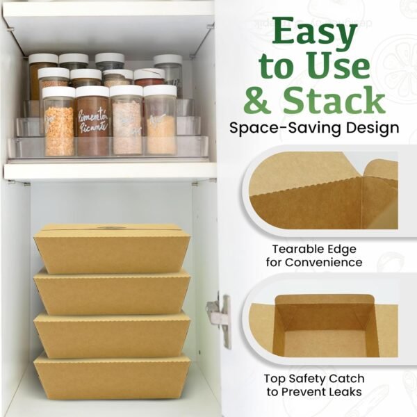 Holotap 50Pcs 65Oz Take Out Food Containers, Disposable Kraft Paper Meal Prep Boxes, Microwaveable and Grease Resistant To Go Containers with Lids for Restaurant Kitchen and Party - Image 5