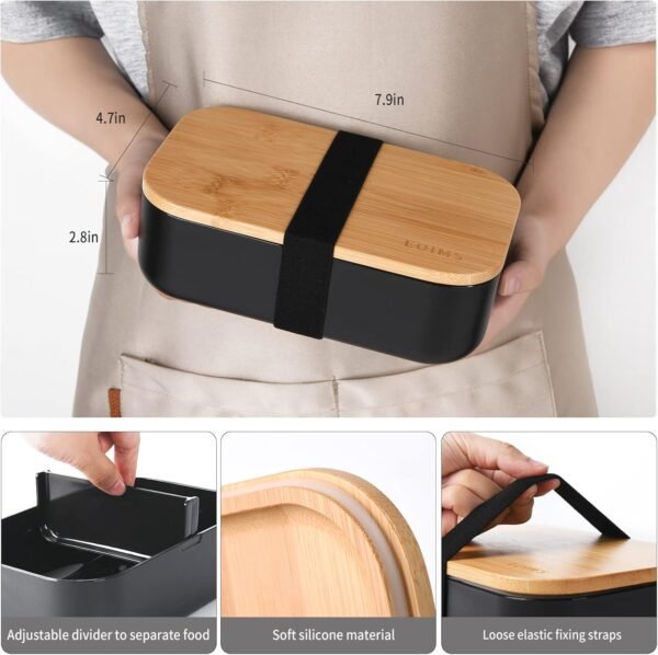 Bento Box for Adults,Japanese Food Containers for Women/Man,Leak Proof Bamboo Bento Box Adult Lunch Box with Sauce pot, Microwavable Dishwasher Safe,BPA-Free Black - Image 4