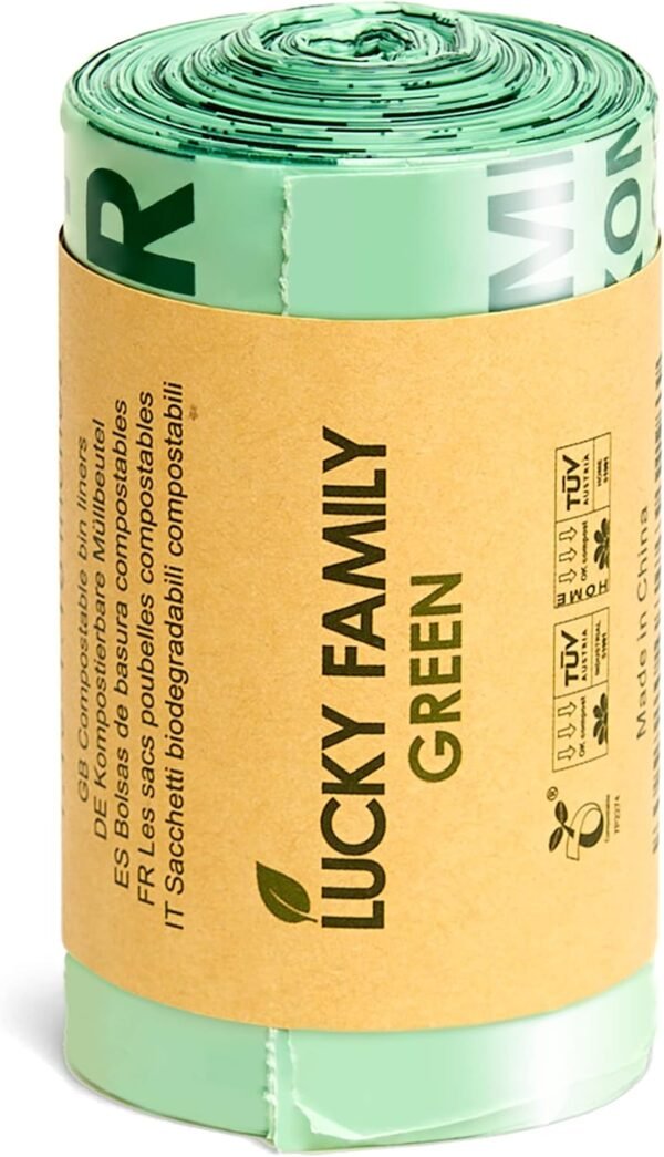 Lucky Family Green Compost Bags for Kitchen Countertop Bin -1.3 gallon trash bags to 1.6 Gallon trash bags - 100% Compostable Trash Bags for Food Waste, Organic Biodegradable Trash Bags - 50 Bags Roll - Image 8