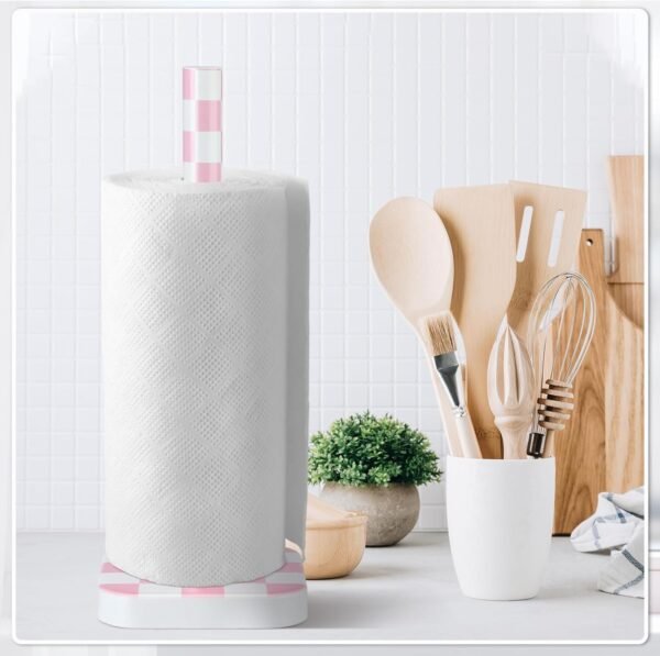 Black and White Checkerboard Paper Towel Holder Wood Paper Towel Stand Wooden Paper Towel Dispenser with Anti Skid Base for Kitchen Bathrooms Countertop (Pink) - Image 5