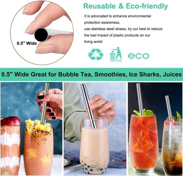 Vinaco Stainless Steel Smoothie Straws, 0.5'' Extra Wide Reusable Metal Drinking Straws for Milkshakes, Bubble Tea, Smoothie, Set of 6 Jumbo Drinks with 1 Cleaning Brush - Image 2