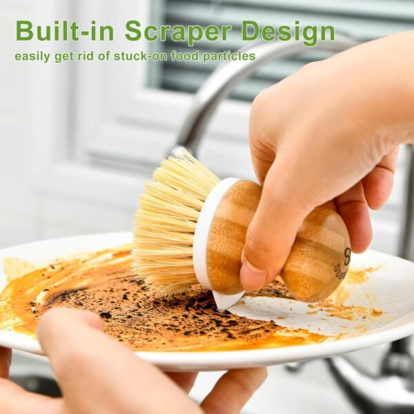SUBEKYU Bamboo Dish Brush, Kitchen Dish Scrubber Brush with Soap Dispenser, Natural Wooden Dishwashing Brush for Cleaning Dishes/Pans/Pots, Built-in Scraper, Sisal Bristles,1 Set - Image 3