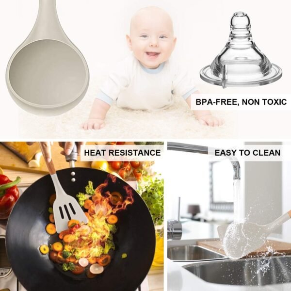 MIBOTE Silicone Cooking Kitchen Utensils Set with Holder, Wooden Handles BPA Free Non Toxic Silicone Turner Tongs Spatula Spoon Kitchen Gadgets Utensil Set for Nonstick Cookware (Khaki) - Image 6