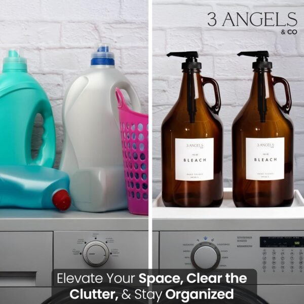 Glass Laundry Detergent Dispenser (Pack of 2) - Durable Amber Soap Dispenser Jars - Liquid Soap Dispenser w/ Silicone Tray, Labels, Measuring Cups, & More - Versatile Laundry Organization and Storage - Image 4