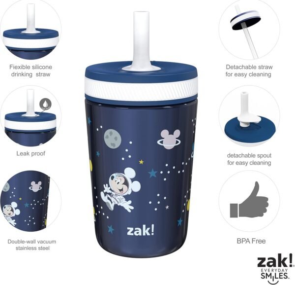 Zak Designs Disney Mickey Mouse Kelso Tumbler Set, Leak-Proof Screw-On Lid with Straw, Bundle for Kids Includes Plastic and Stainless Steel Cups with Bonus Sipper (3pc Set, Non-BPA)15 fl oz. - Image 5