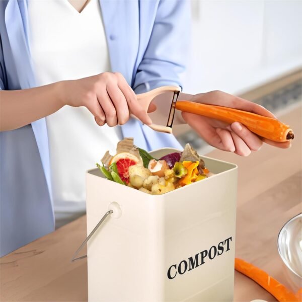 Window Garden Kitchen Compost Bin - Metal Pail for Composting Kitchen Scraps - Small Indoor Compost Bucket with Carbon Filter Lid - Food Scrap Container for Countertop - 9.1x7.1x6.3 inches (Off-White) - Image 5