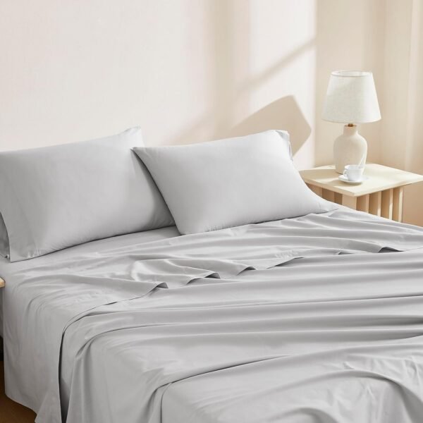 Linen Closet Luxury Cotton 144 Thread Count Organic Cotton 4-Piece Sheet Set, Queen, Light Grey - Image 4
