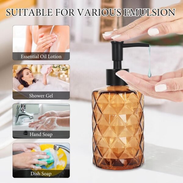 Glass Soap Dispenser, 2pcs Hand Soap Dispensers, Glass Bottle with Plastic Pump, Kitchen Dish Soap Dispenser Set for Bathroom, Hand Soap Dispenser for Liquid, Lotion, Essential Oil (Amber) - Image 6