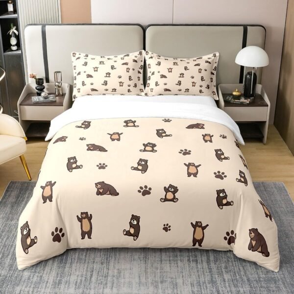 Cute Bear 100% Organic Cotton Bedding Set Twin Size Cartoon Animal Bear Duvet Cover Dog Animal Paw Print Comforter Cover Lovely Wildife Bedspread Cover with 1 Pillowcase(No Comforter)