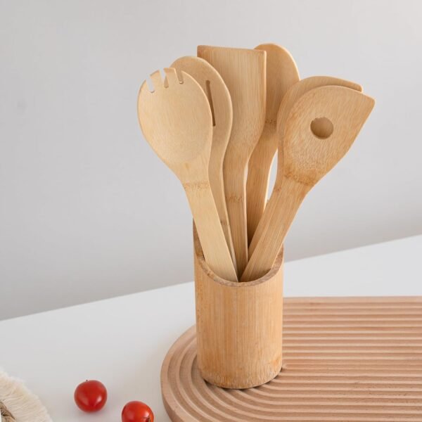 6PCS wooden kitchen utensils with wooden spoons and bamboo tubes for cooking, organic and environmentally friendly bamboo set suitable for daily cooking, non stick pot, high temperature stirring - Image 2