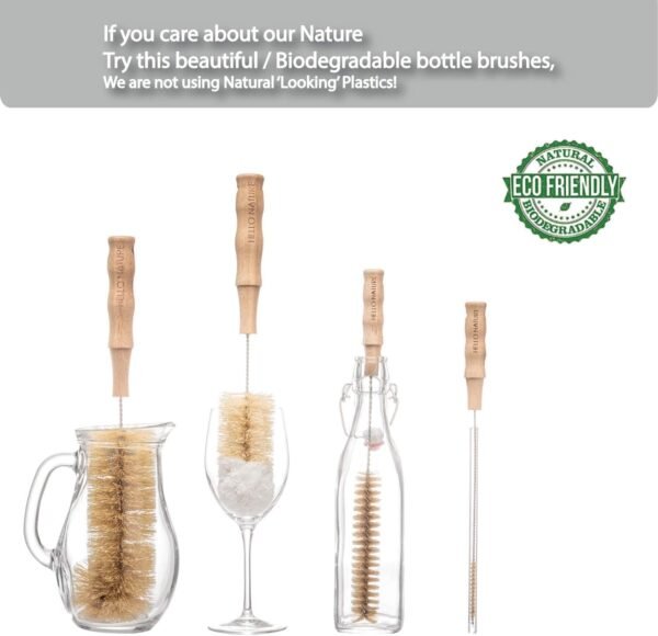 4Pcs Long Handle Bottle Cleaning Brush Set by HELLO NATURE, Sustainable & Biodegradable Natural Fibre Bamboo Handle Brushes Zero-Waste & Plastic Free