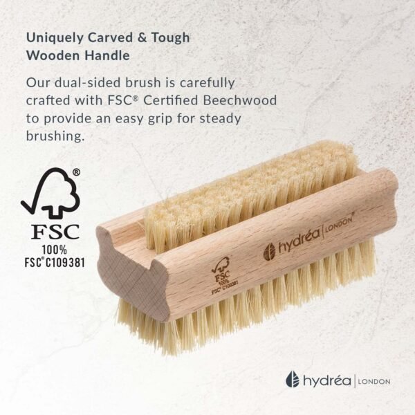 Hydrea London Nail Brush - Double-Sided Pedicure & Manicure Brush with Natural Cactus Bristles - 100% Vegan Hand Scrub, Fingernail Cleaner, & Tough Toenail Cleaning Scrubber - FSC® Certified Beechwood - Image 7