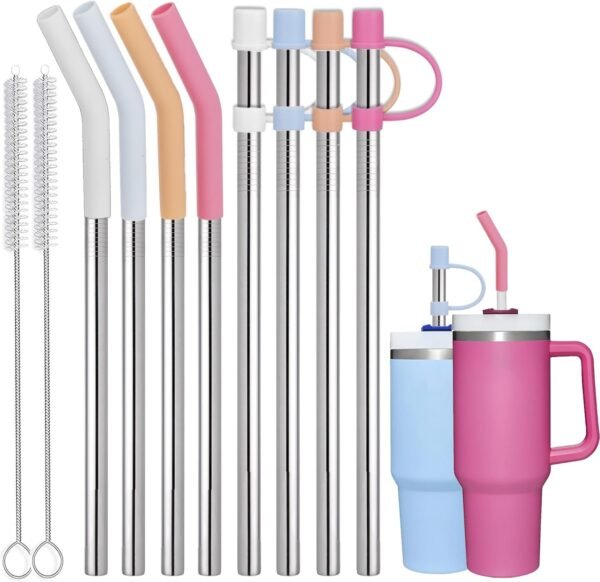 Greant 8 PCS Stainless Steel Straw compatible with Stanley Adventure Quencher Tumbler 40 oz, Straw with Straw Cover, Metal Straws with Straw Tip compatible with Stanley (Stainless Steel, 12 inch)